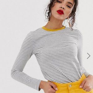 Gray Striped Long-Sleeve T w Mustard Contrast Neck